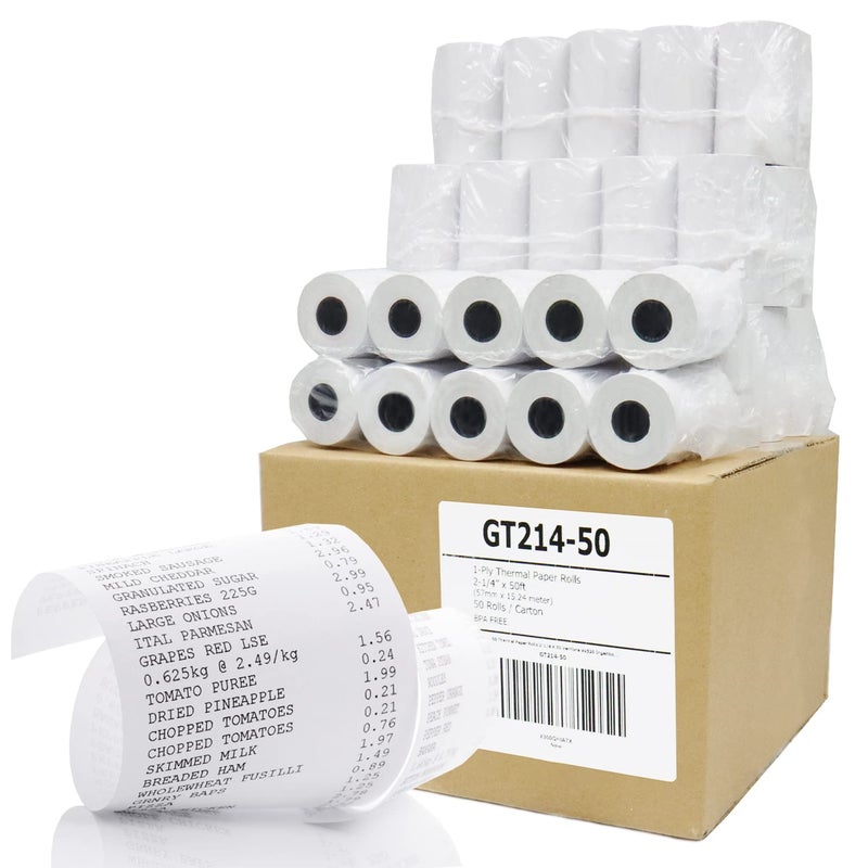 غوريلا سابلاي لفة إيصالات ورقية حرارية من Gorilla Supply مقاس 2-1/4 بوصة × 50 بوصة خالية من مادة BPA، 50 لفة - Image 1